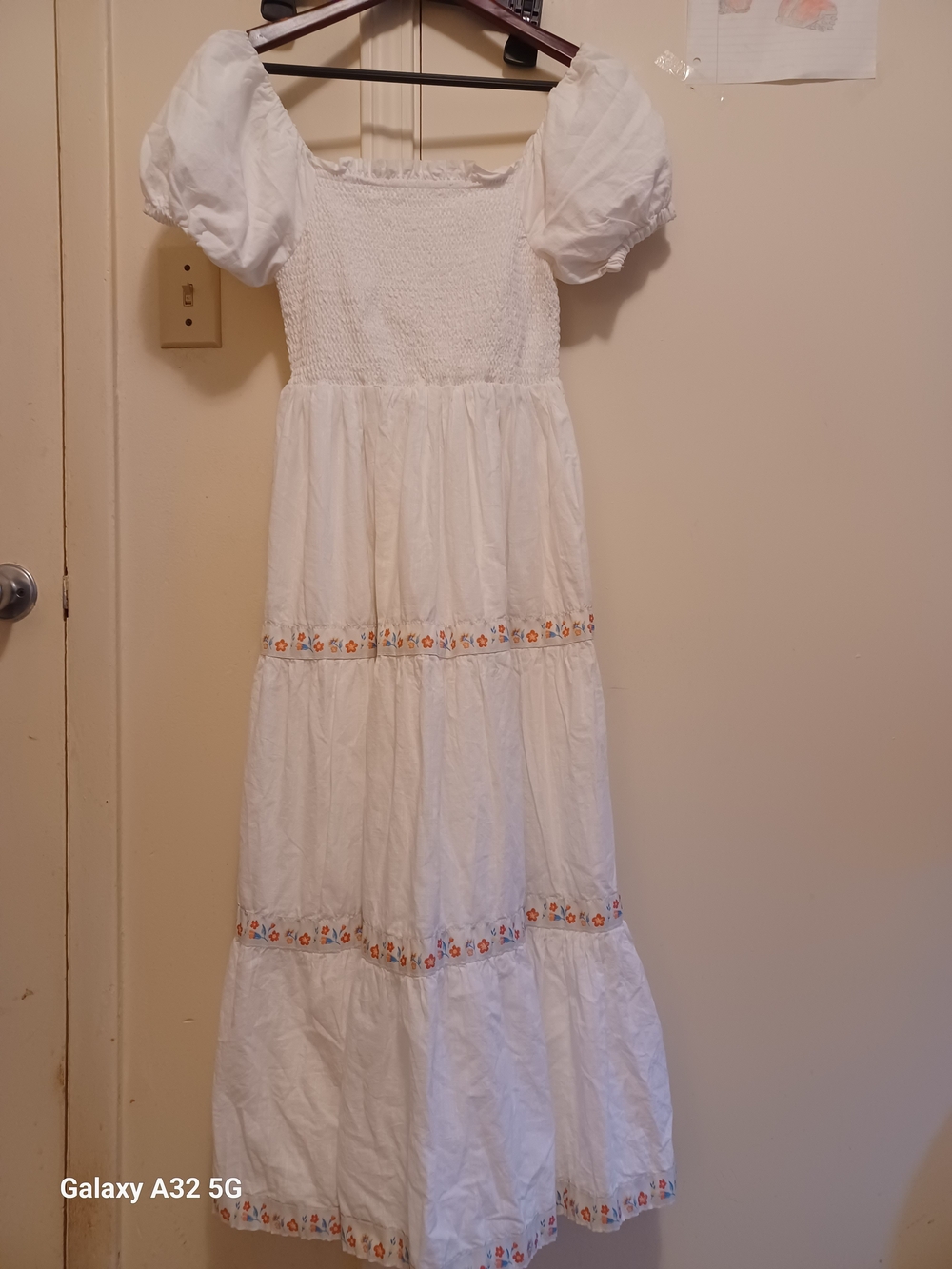 Rachel Zoe White Puff-Sleeve Tiered Dress with Orange Floral Trim